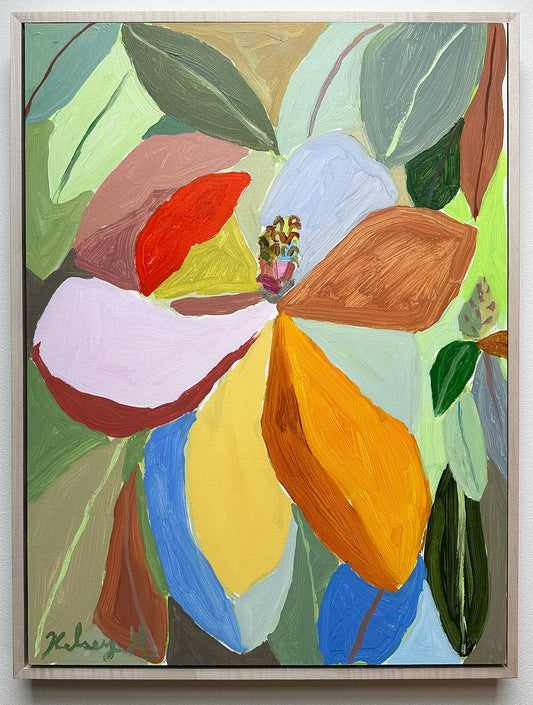 Colorful abstract painting of a flower with green leaves on a white wall.