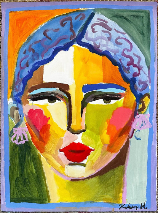 Colorful abstract painting of a face with blue hair on a textured fabric background