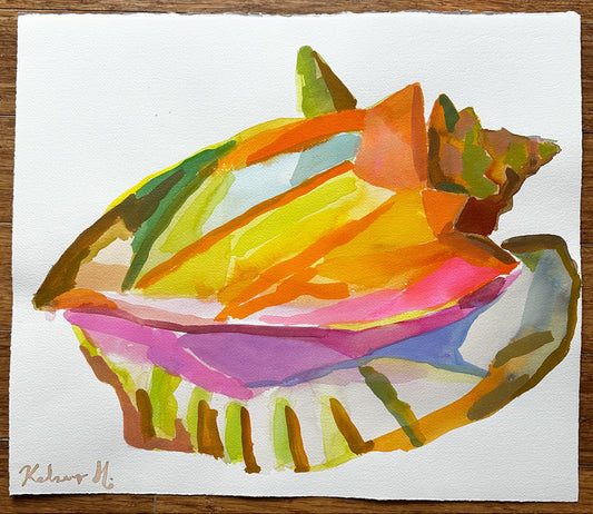 Colorful shell drawing on a white sheet of paper, placed on a wooden surface.
