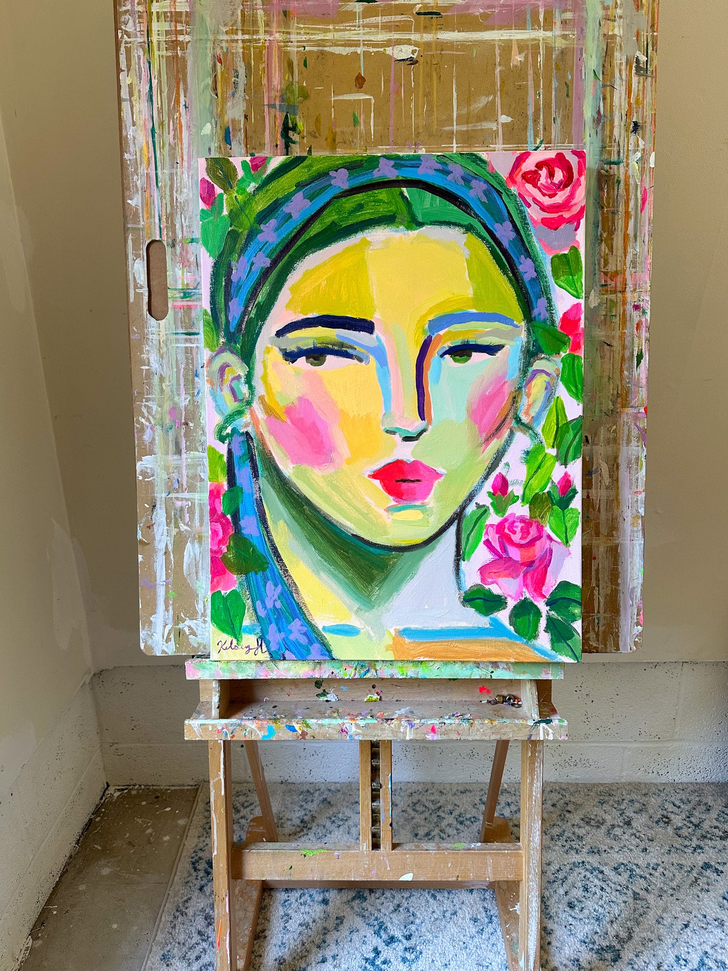 Lady with Blue Scarf and French Roses- 18x24"