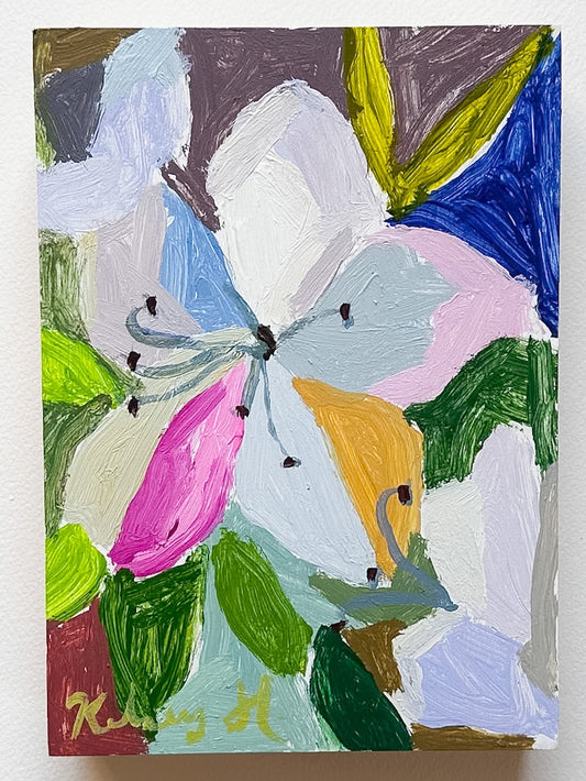 Abstract painting with colorful flowers on a white background