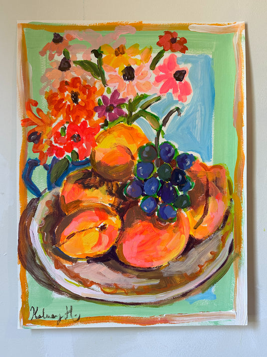 Peaches, Grapes, and Zinnias Still Life - 18 x 24"