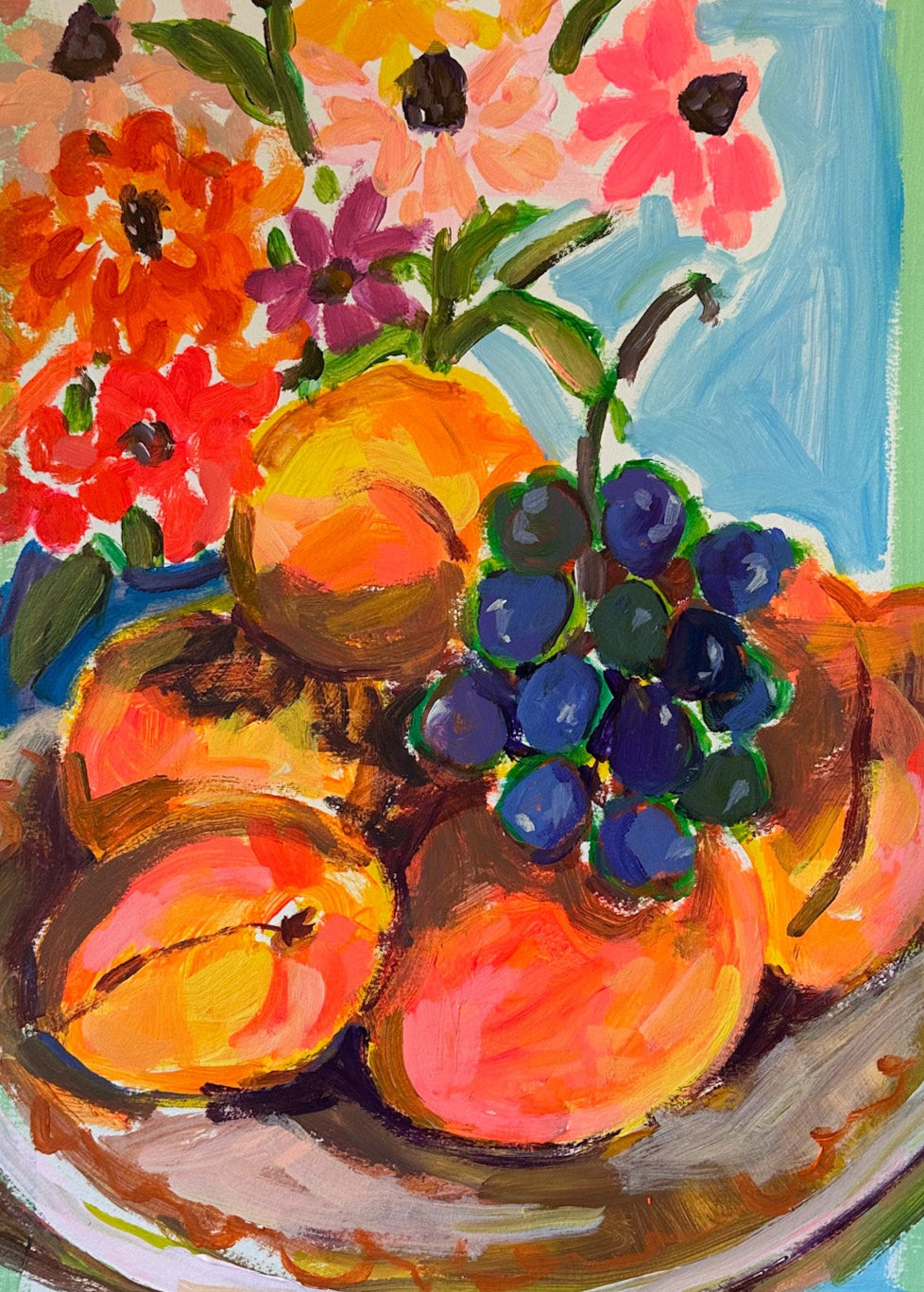 Peaches, Grapes, and Zinnias Still Life - 18 x 24"
