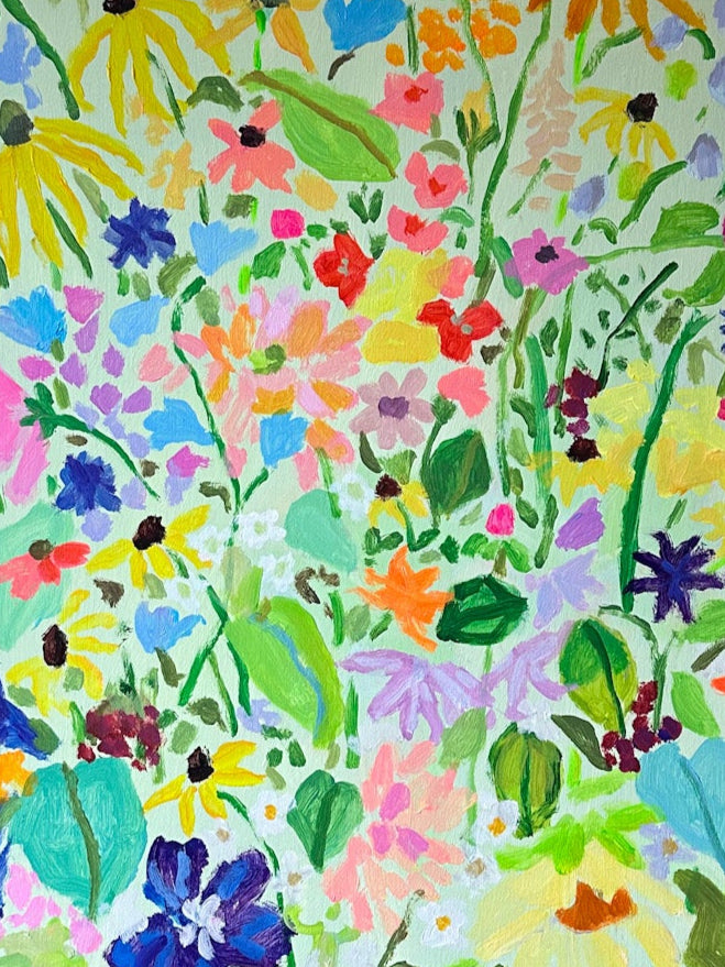 colorful florals on green background
