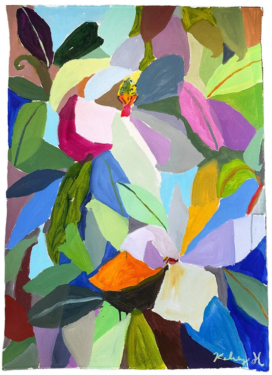 Colorful abstract floral painting on a textured surface