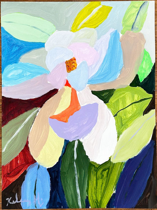 Colorful abstract painting of flowers on a wooden surface