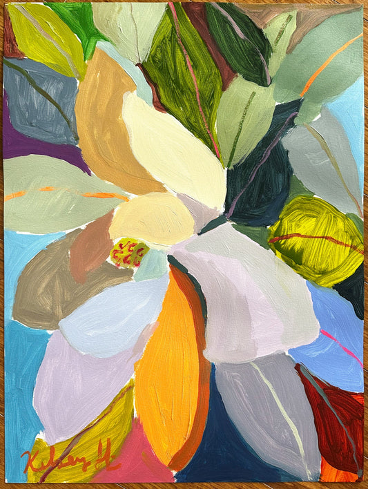 Colorful abstract painting with leaves on a wooden surface