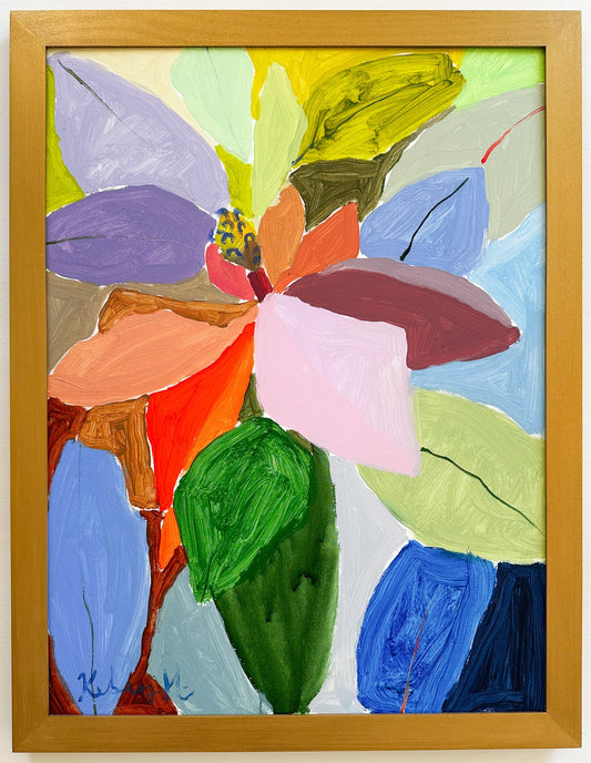 Colorful abstract painting of flowers in a wooden frame