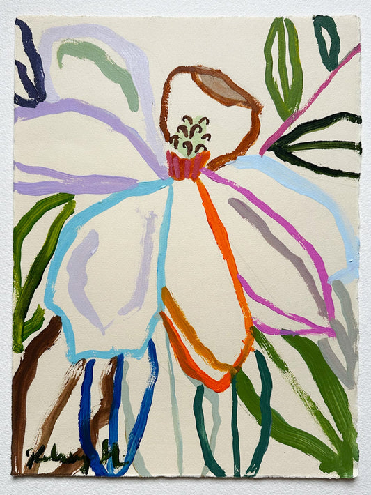 Colorful abstract painting of a flower on a beige background