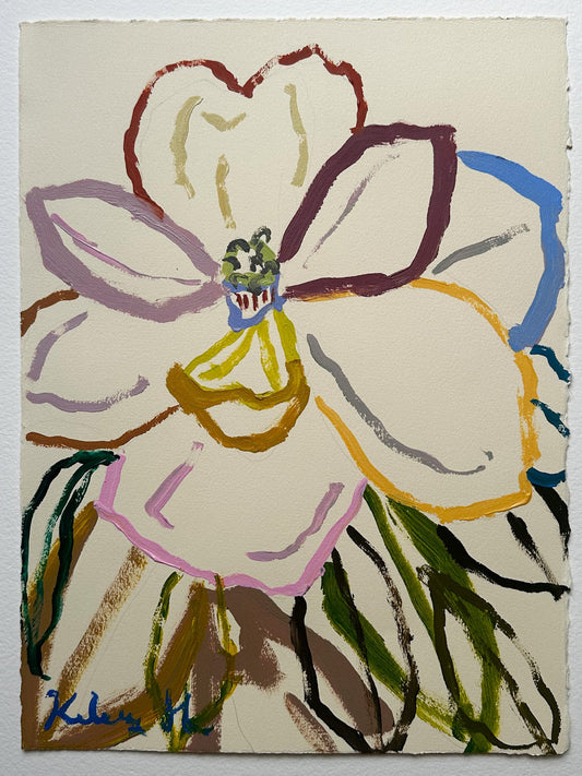 Colorful abstract drawing of a flower on a plain background