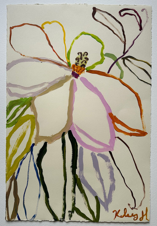 Artistic drawing of a flower with colorful lines on a plain background