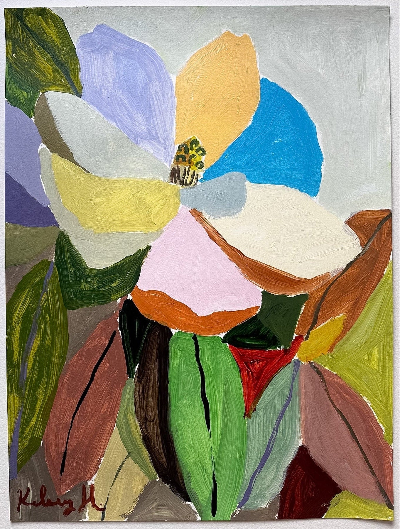 Colorful abstract flower painting on a gray background