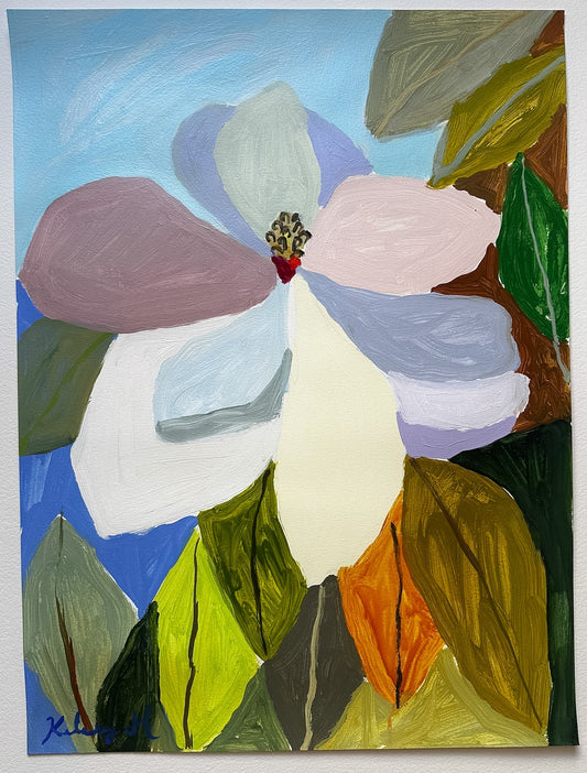 Colorful abstract painting of flowers and leaves on a white background