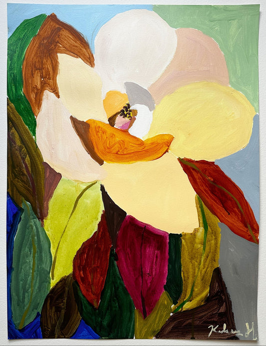 Colorful abstract painting of a flower with a signature in the corner.