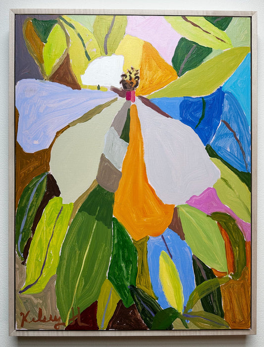Colorful abstract painting of a flower on a white wall.