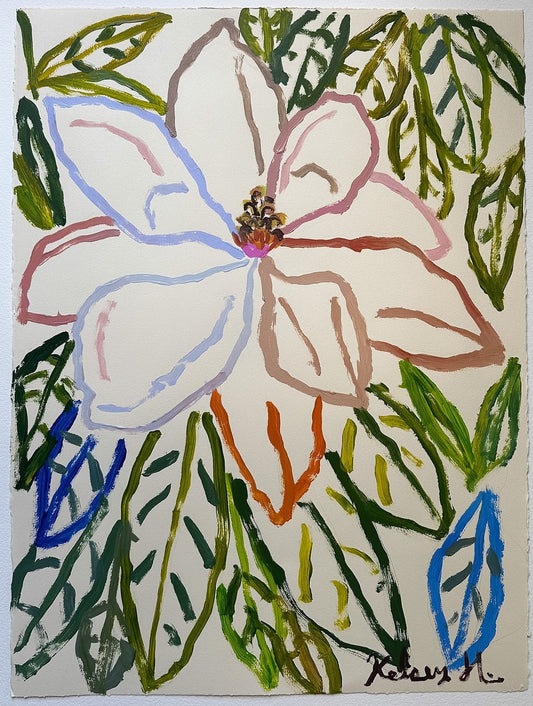 Colorful drawing of a flower with leaves on a white background