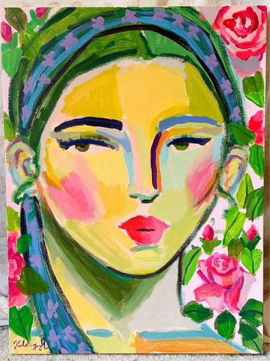 Lady with Blue Scarf and French Roses- 18x24"