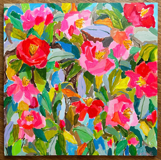 Pink and Red Camellia Blooms-24x24"