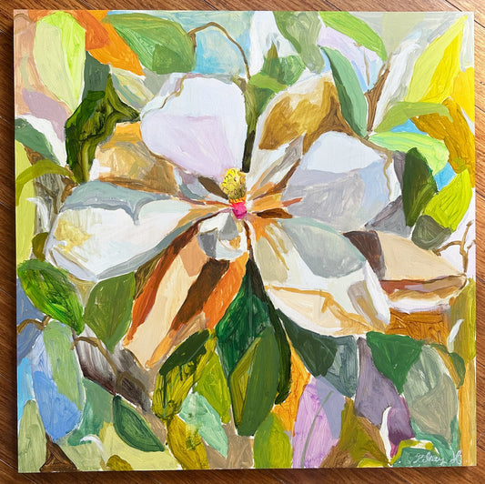 Colorful floral painting on a wooden surface