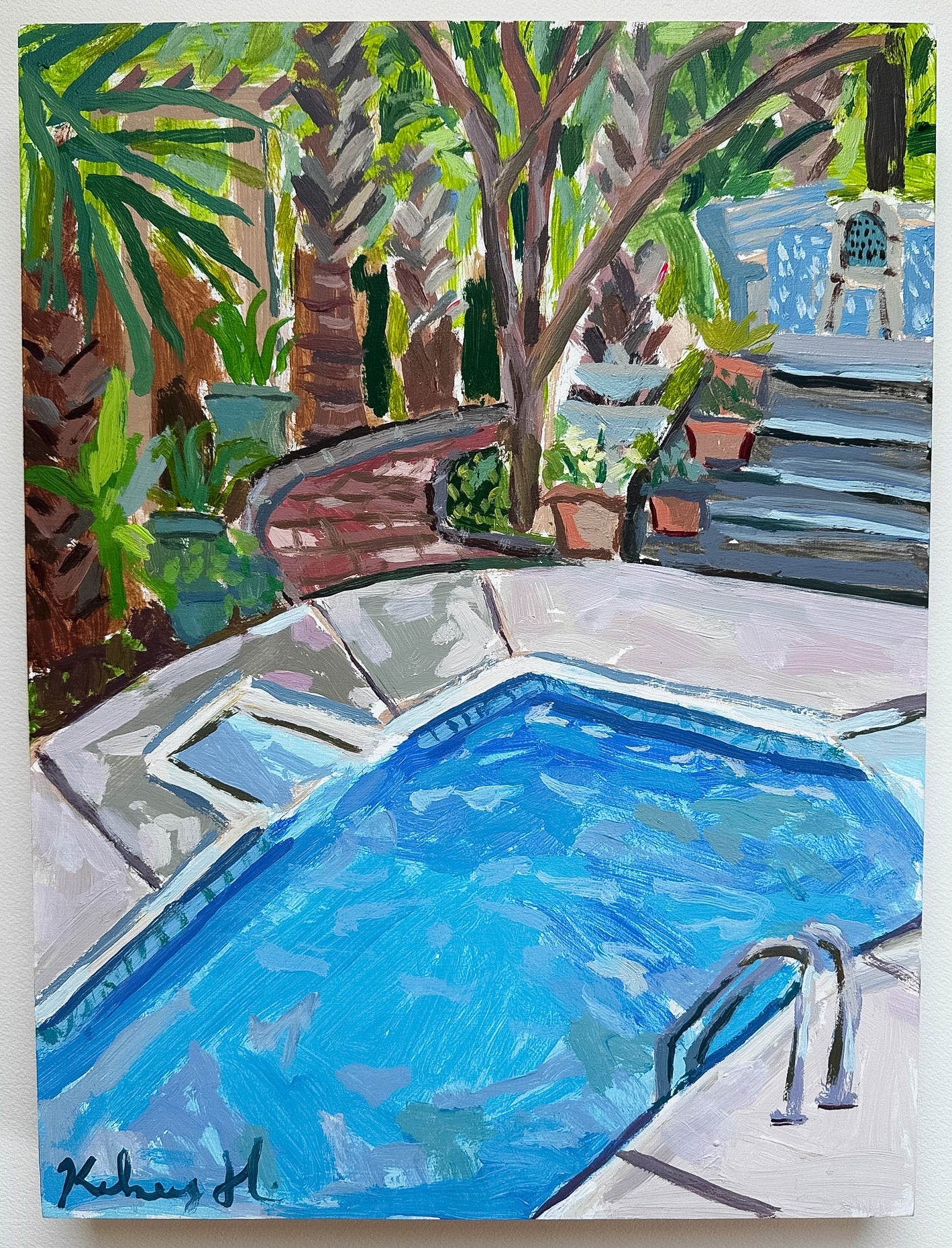 Painting of a backyard with a pool and garden