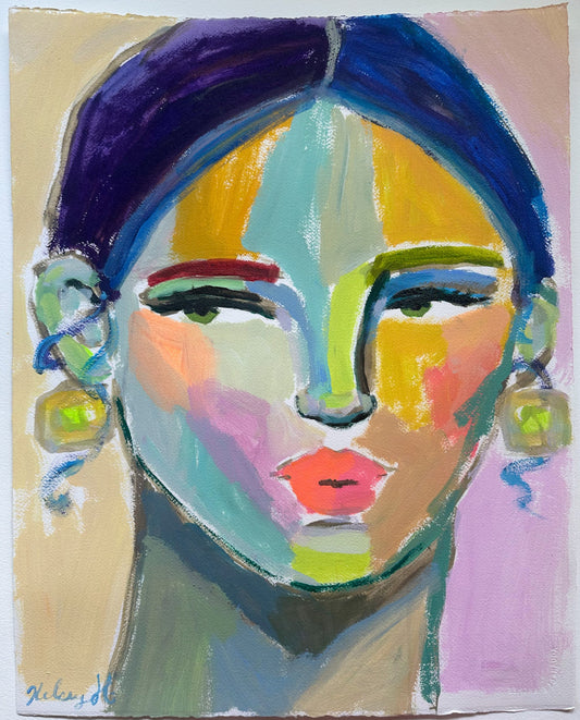 Colorful abstract painting of a face on a beige background