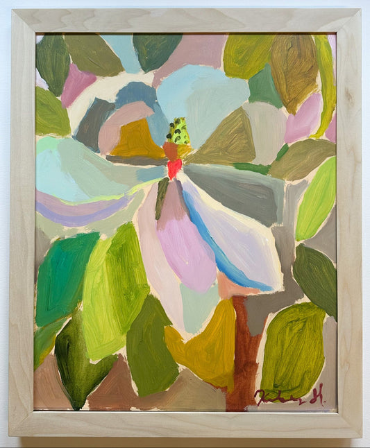 colorful magnolia framed in a natural wood frame