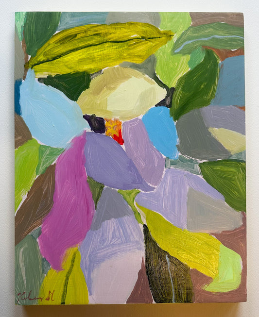 Abstract painting with colorful shapes and patterns on a white background