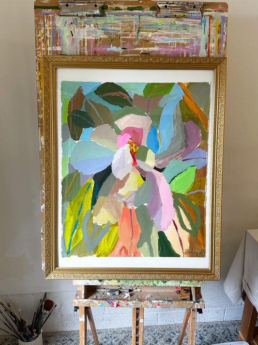 Magnolia with Repurposed Vintage Frame- 24.5 x 30.5 "
