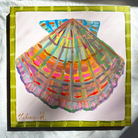 Colorful shell drawing with a green border on a white background