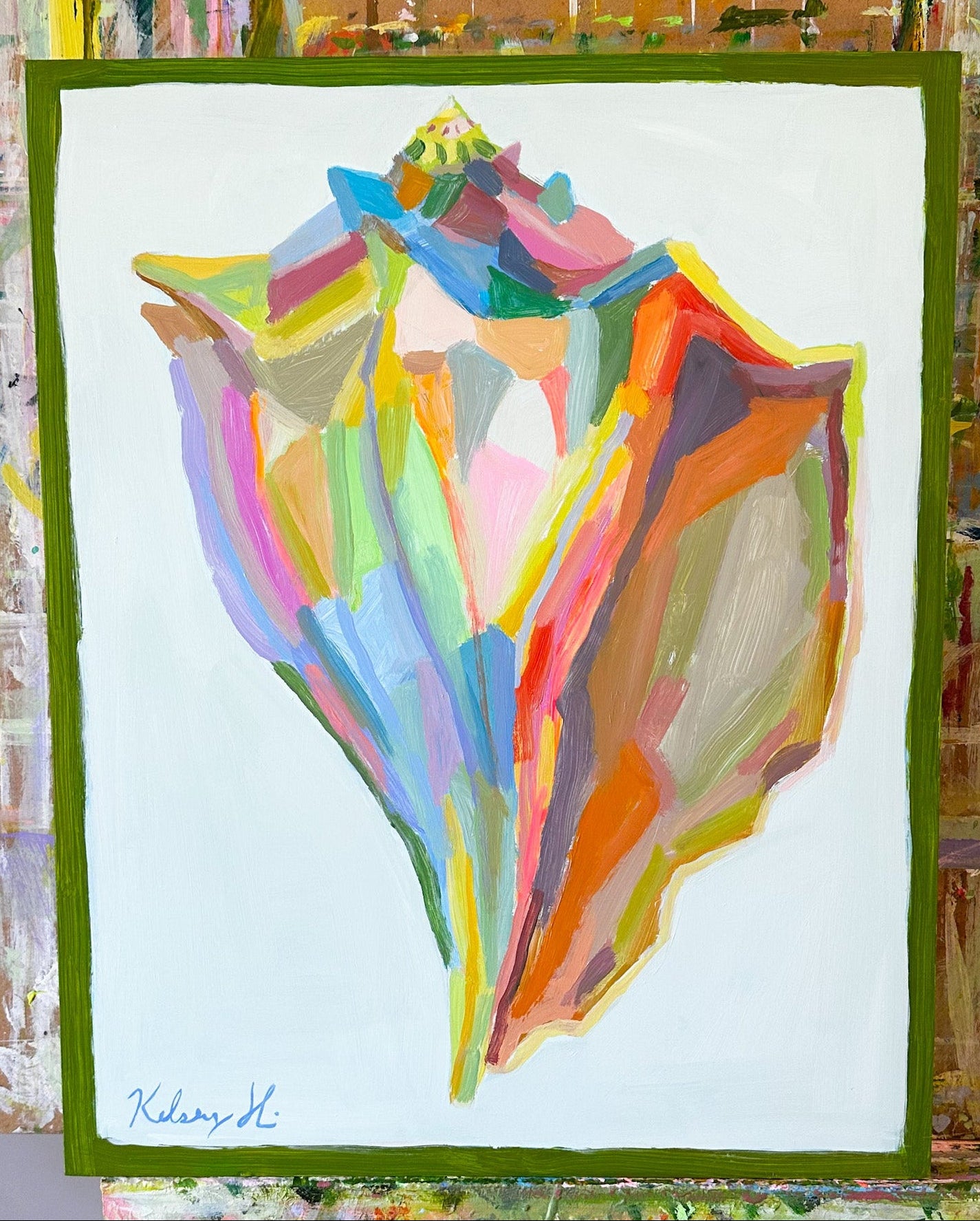 Colorful abstract painting on a white background with a green frame.