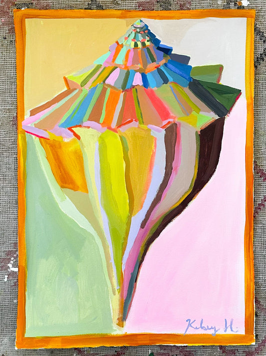 Colorful abstract shell with a signature on a textured surface