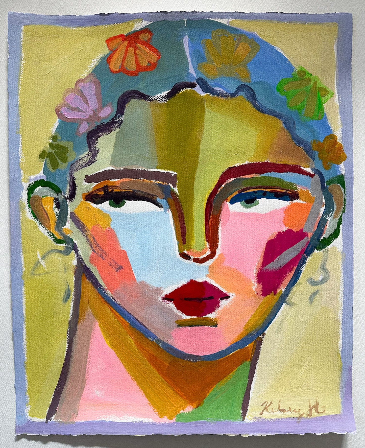 Colorful abstract painting of a face with shells on a white background