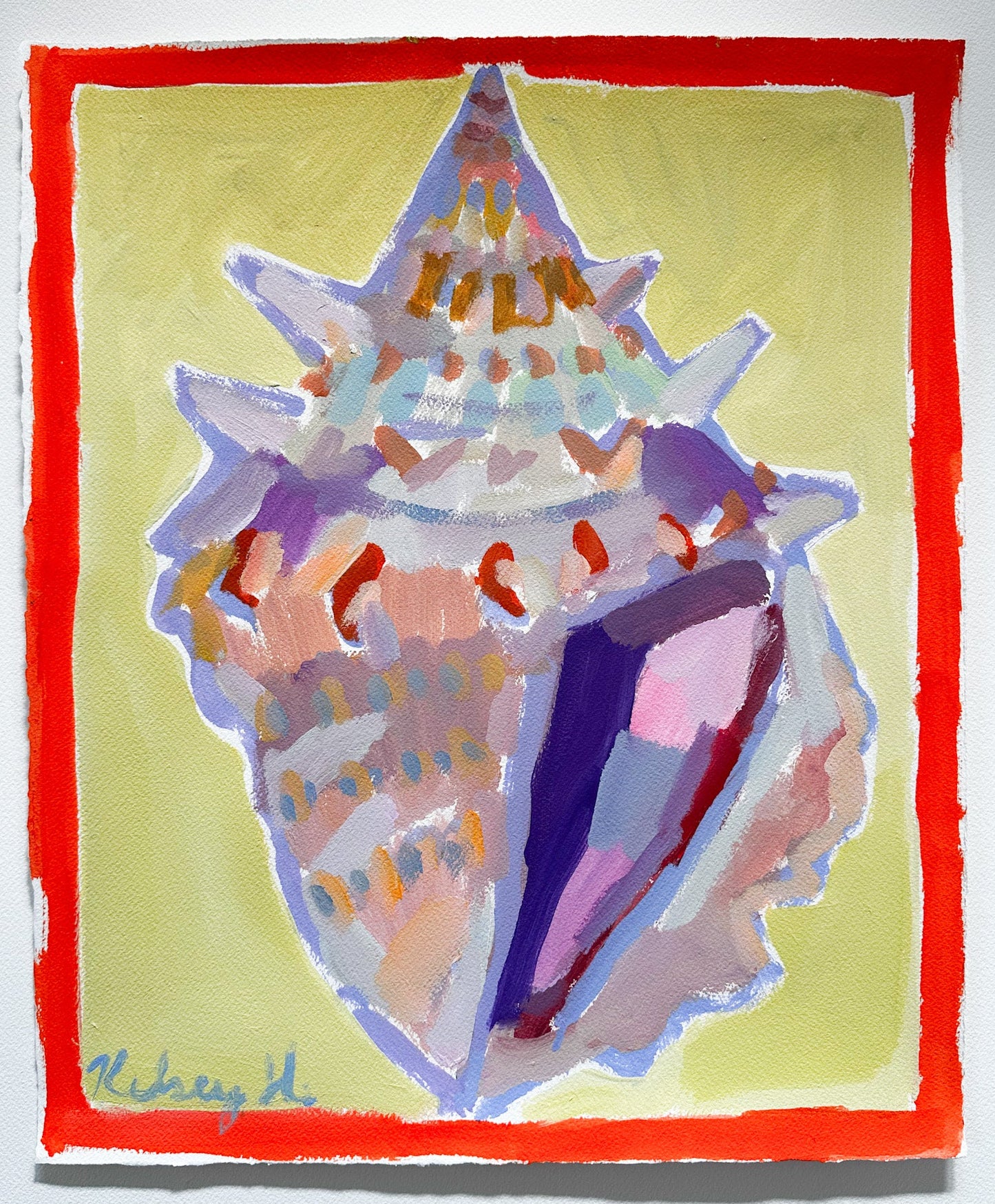 Colorful shell painting with an orange border on a light yellow background