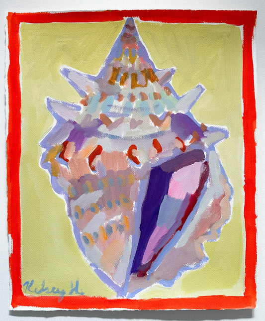 Colorful shell painting with an orange border on a light yellow background