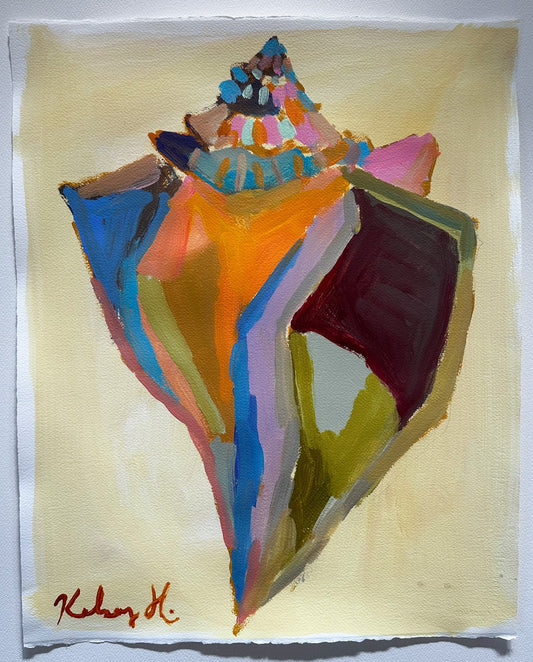 Abstract art piece with vibrant colors on a beige background, signed by Kelsey Howard.