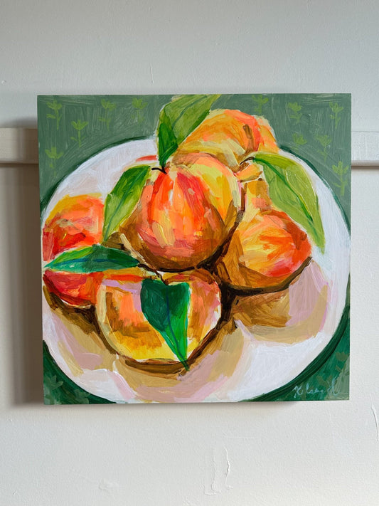 Summer peaches on wood panel - 12x12"