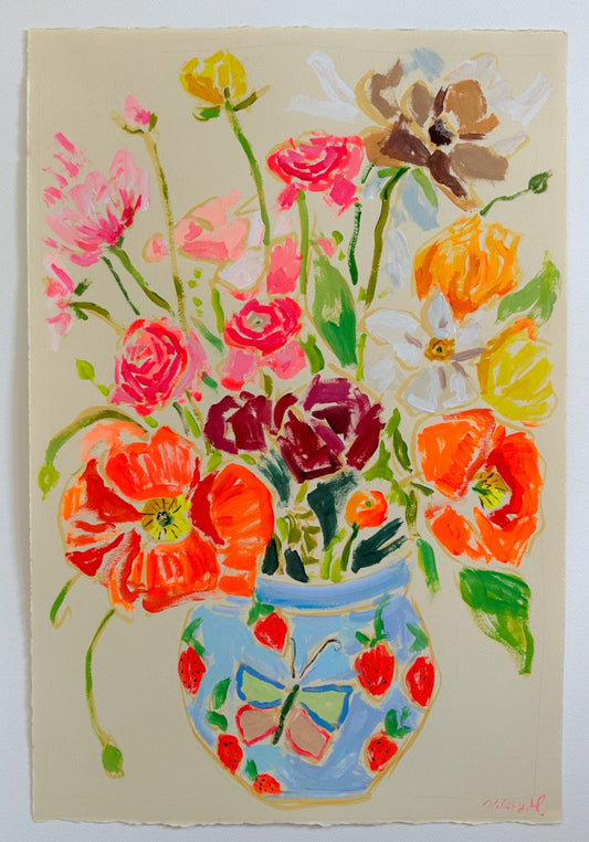 Spring Flowers in Strawberry Vase II- 15x22"