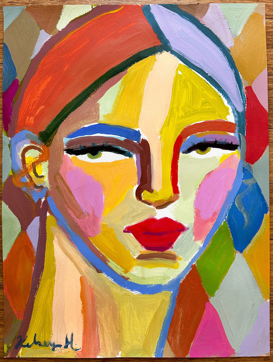 Colorful abstract painting of a face with a signature at the bottom right corner.