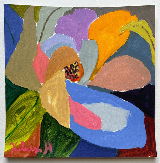 Abstract painting with colorful floral shapes on a white background