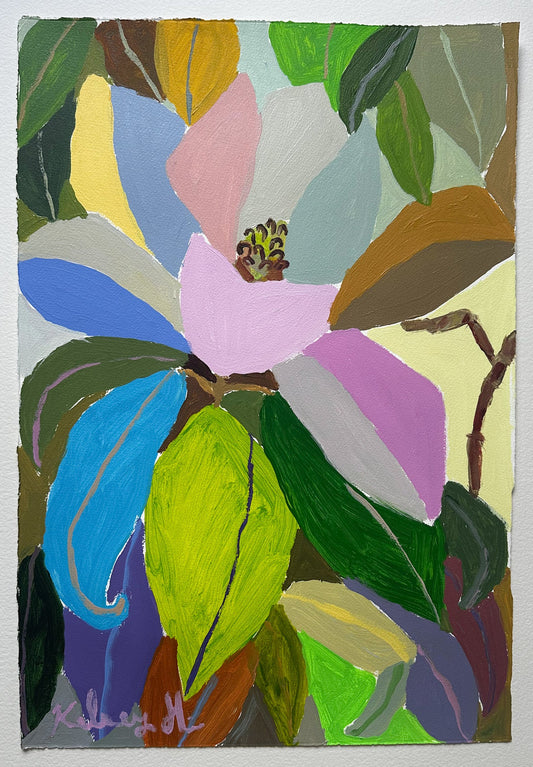 Colorful abstract painting of flowers and leaves on a white background