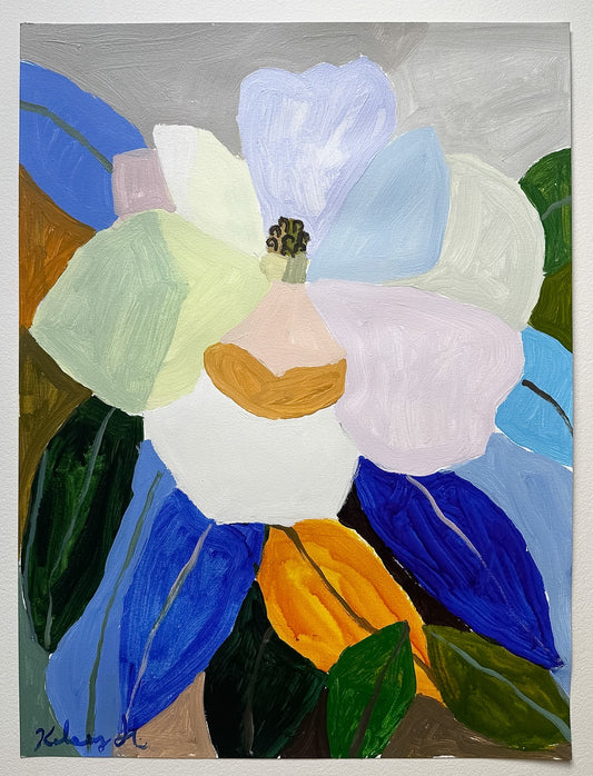 Colorful abstract flower painting on a gray background