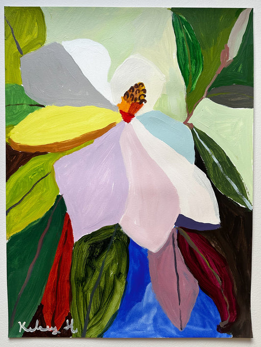 Colorful abstract painting of a flower with green leaves on a white background