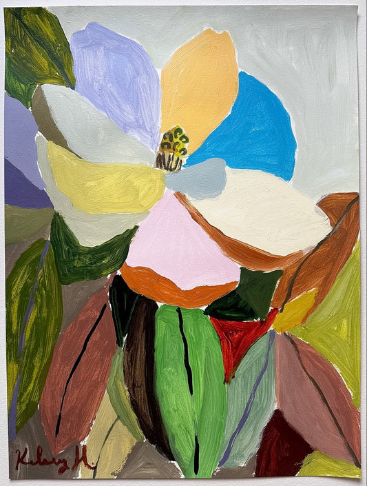 Colorful abstract flower painting on a gray background