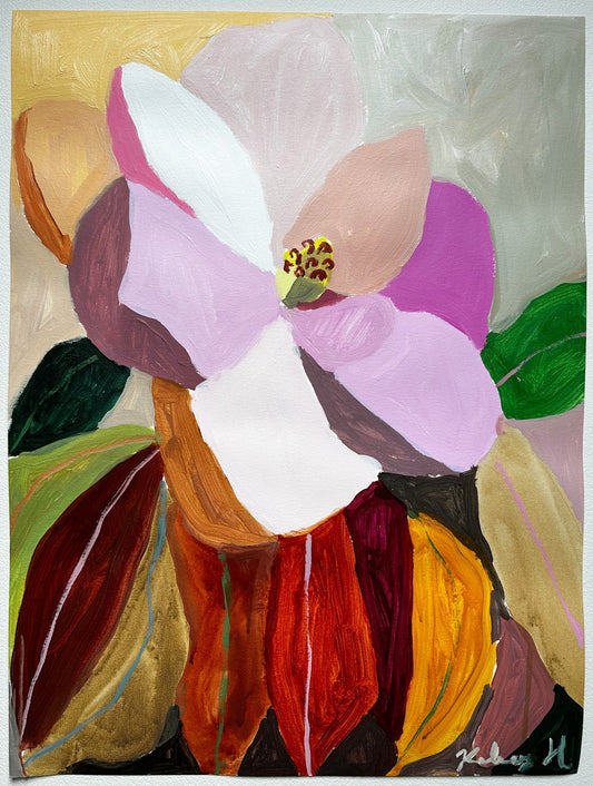 Colorful abstract painting of a flower with a white center and multicolored petals.