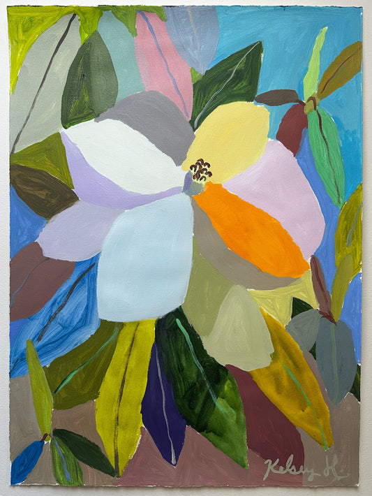 Colorful abstract floral painting on a white wall