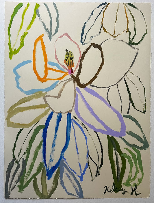 Colorful abstract flower drawing on a beige background