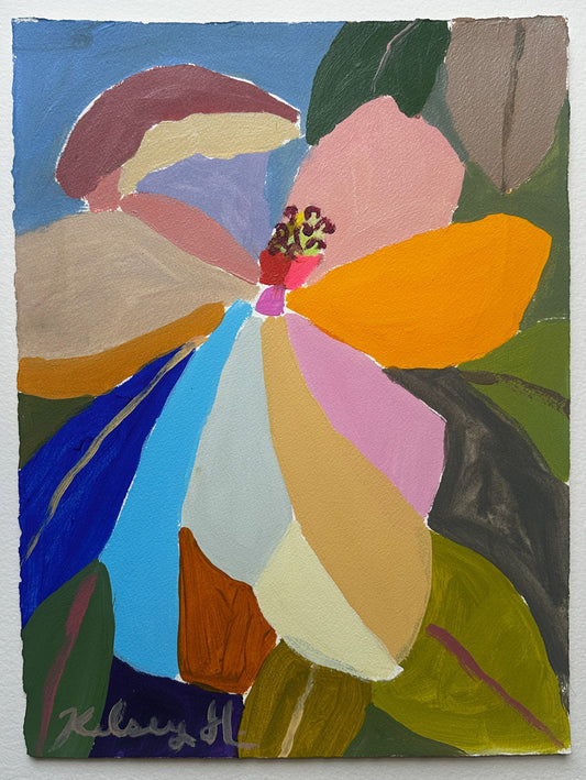 Abstract painting of a flower with colorful petals on a white background