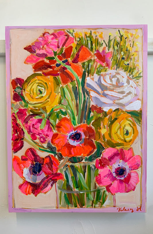 A White Rose, Red Anemone, and Yellow Ranunculus-12x16"